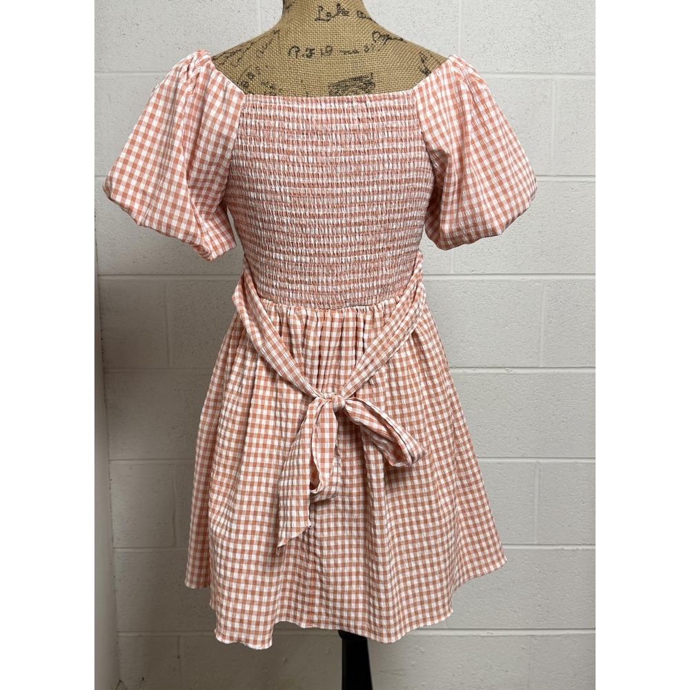 Mustard Seed Womens Dress M Pink Gingham Puff Sleeve Cottagecore Milkmaid Ruched - Picture 2 of 13